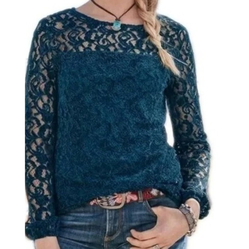 NWT Sundance Remarkable Beauty XS Blue Floral Lace Long Sleeve Lined Blouse Boho